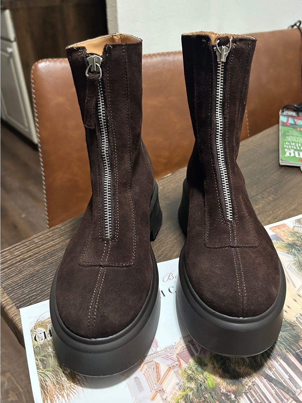 Super cute fall Steve Madden Dark Brown Suede Front-Zip Platform Ankle Boots